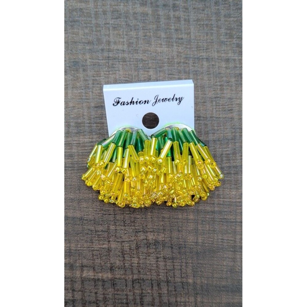 Handmade Beaded Tassel Earrings Yellow and Green